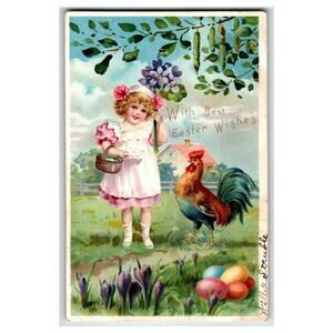 Raphael Tuck Easter Postcard Girl Rooster Eggs Crocuses Embossed German